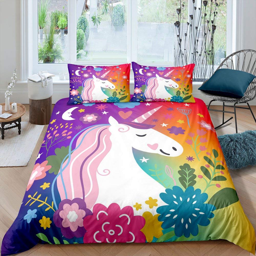 Cartoon Unicorn Duvet Cover Set Twin Size for Kids - Colorful Floral Bedding Set with Pillow Sham | Kawaii Horse Design for Girls Room Decor | Fairy Tale Themed 2-Piece Comforter Cover for Children's Bedroom