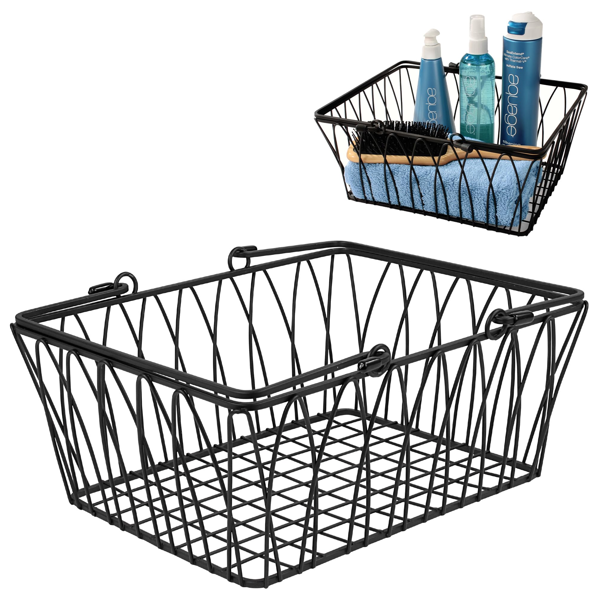 Sturdy Black Farmhouse Wire Storage Basket with Handles - Medium Pantry Organizer for Kitchen, Shelf, Closet & Bathroom - Perfect for Home Organization, Office Supplies & Laundry Room Storage