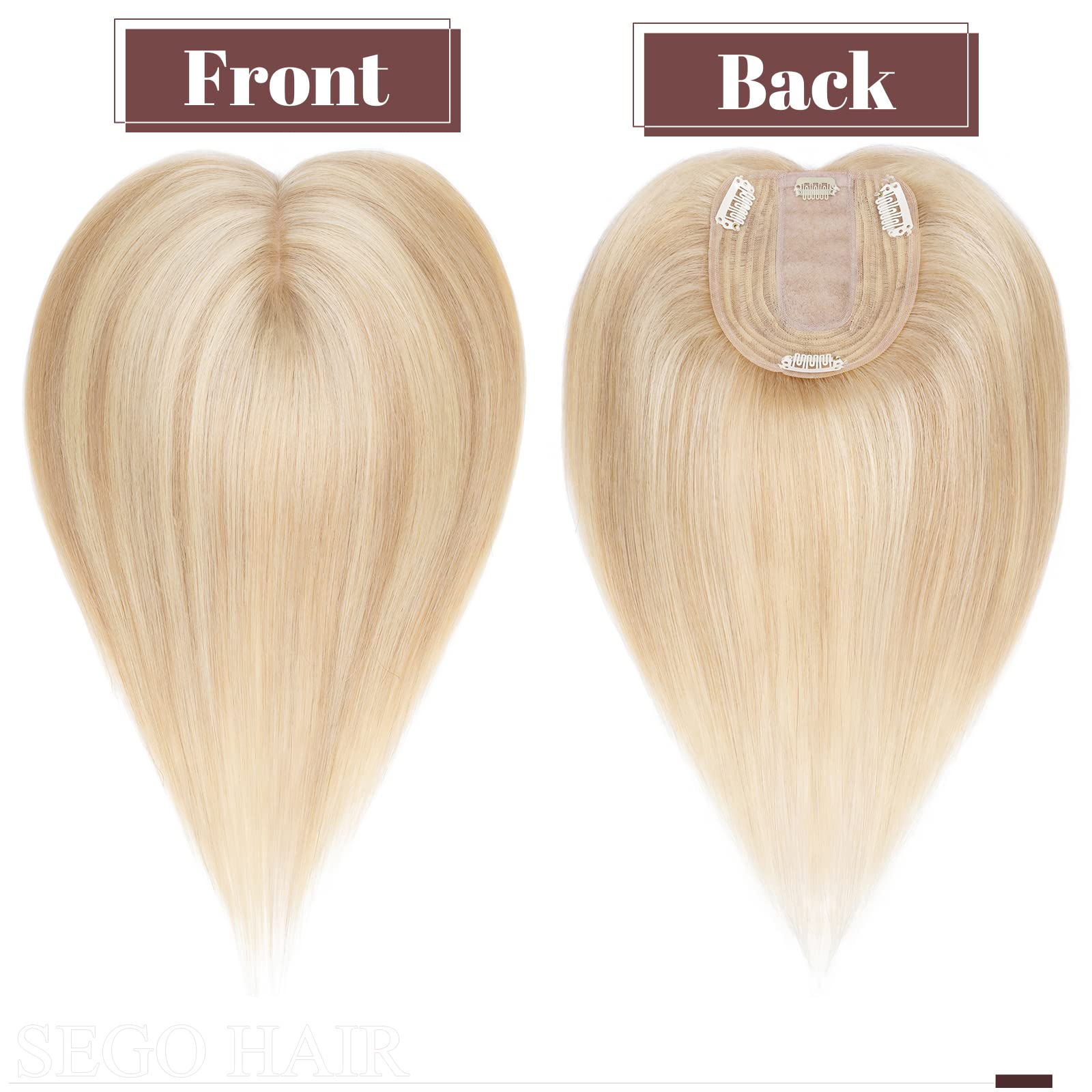 SEGO Clip-in Human Hair Topper for Women - No Bangs Remy Hair Topper with Silk Base, 4 Clips for Thinning Hair & Hair Loss - Perfect for Covering Grey Hair & Daily Styling (Work, Parties, Weddings)