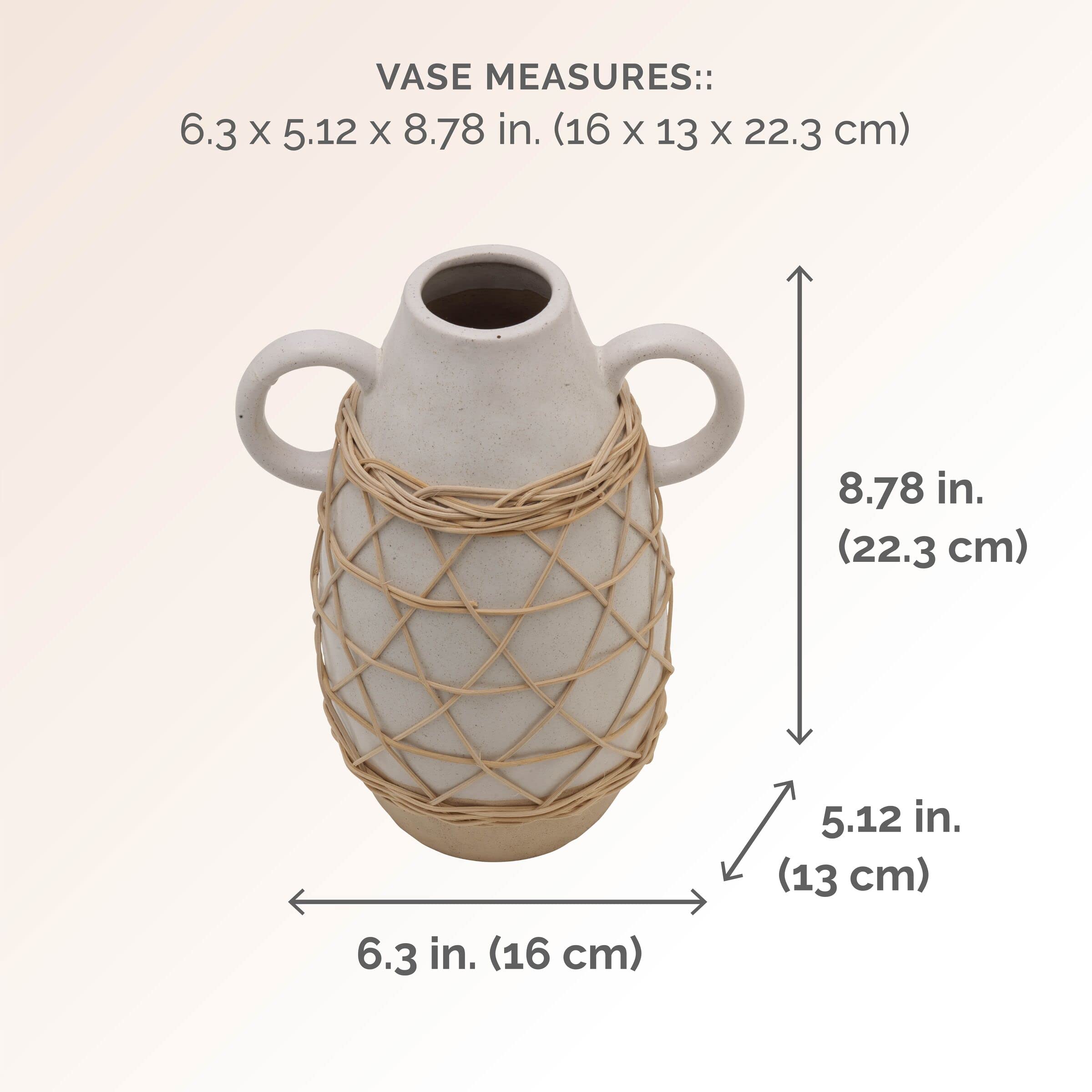 Handmade White Ceramic Vase with Rattan Weaving and Handles - 9 Inch Decorative Flower Pot for Home, Office, Wedding & Boho Decor