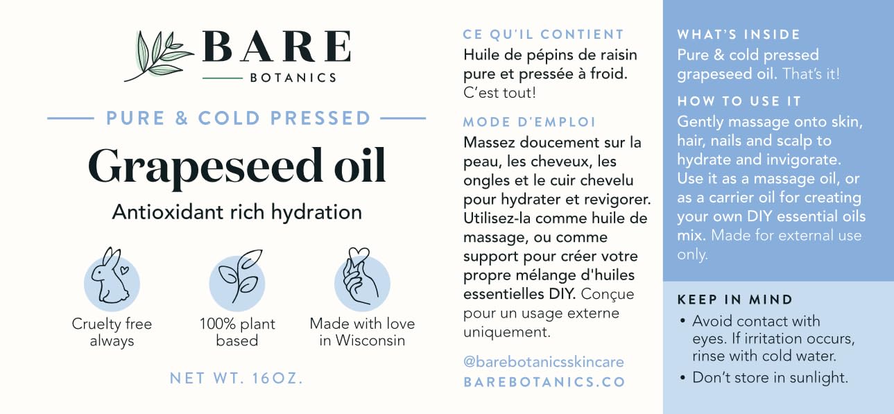 Bare Botanics 100% Pure Cold-Pressed Grapeseed Body Oil 16 oz - Natural Moisturizer for Dry Skin, Hair & Body - Vegan, Cruelty-Free Multipurpose Carrier Oil for DIY Beauty - Perfect for Massage, Aromatherapy & Daily Hydration