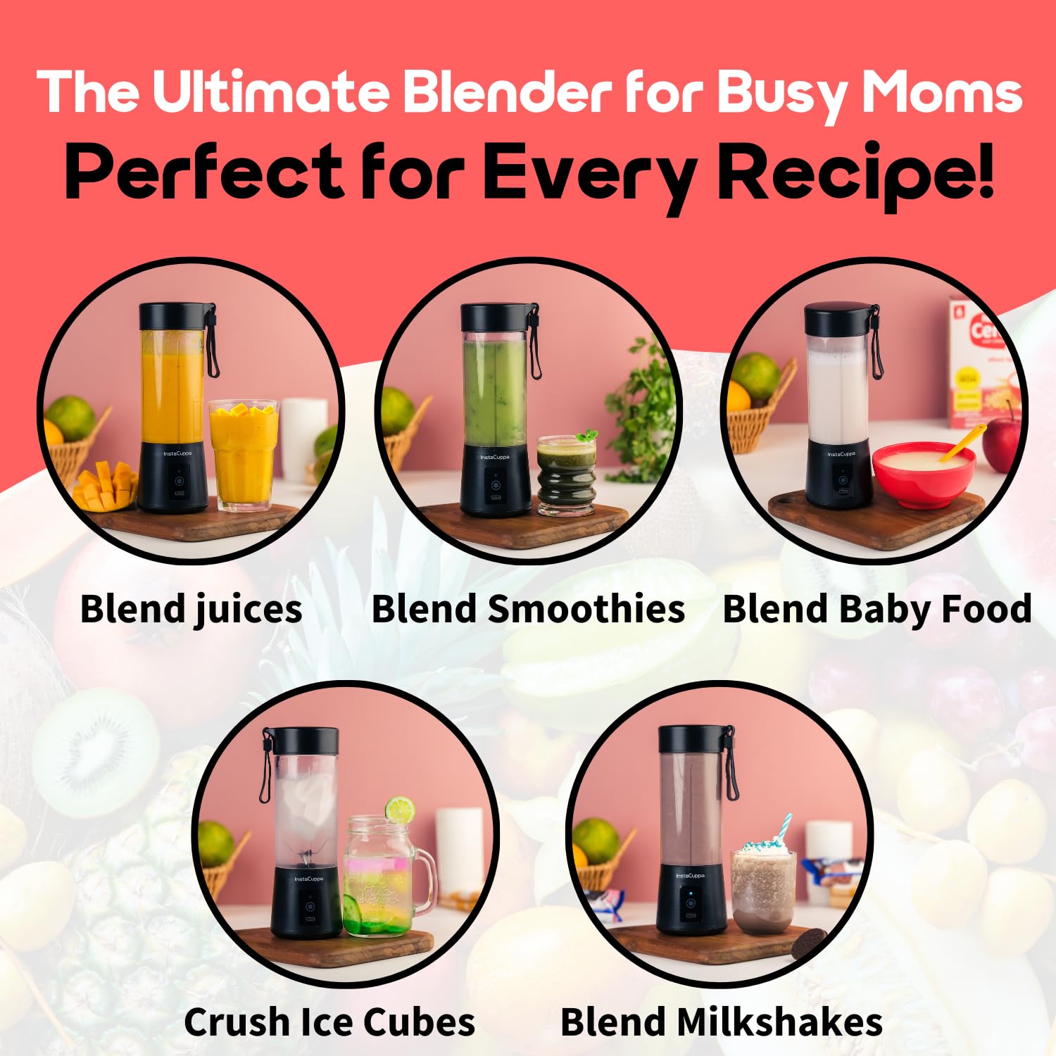 InstaCuppa Portable Blender - 400ML USB Rechargeable Smoothie Maker with 2000mAh Battery & 150W Motor for Juices, Shakes, Ice Crushing - Compact Personal Blender for Home, Office, Gym & Travel
