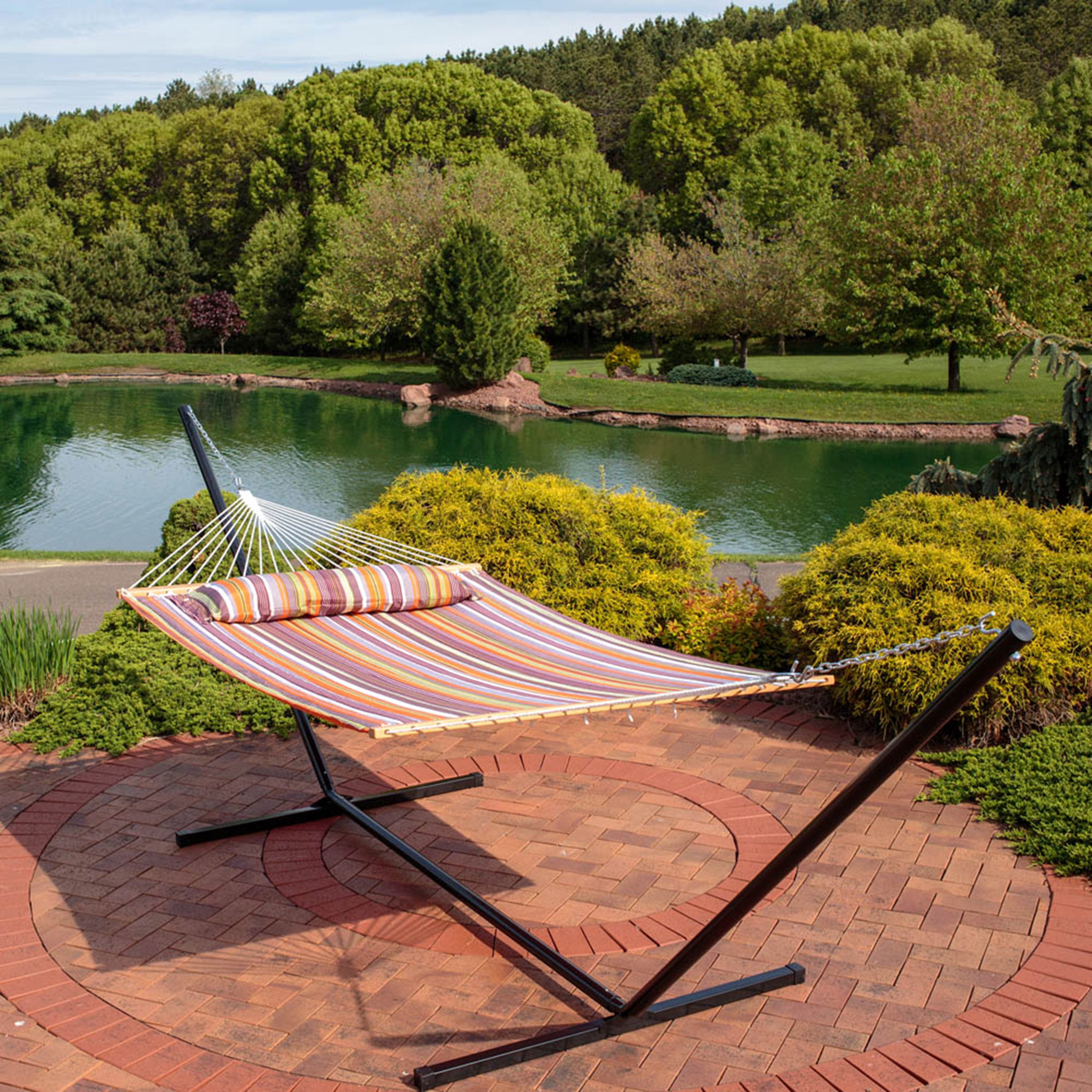 Sunnydaze 2-Person Freestanding Quilted Fabric Hammock with Stand - Portable Outdoor Hanging Bed for Backyard, Patio, Beach & Camping