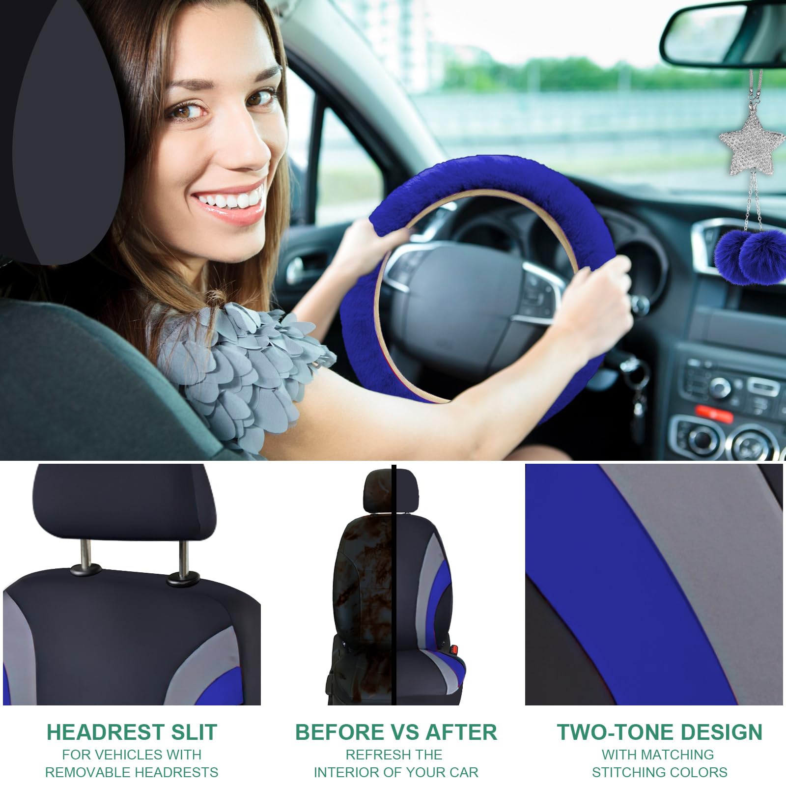 21-Piece Universal Car Seat Covers Set with Waterproof Floor Mats & Fluffy Steering Wheel Cover - Full Automotive Interior Protection for Women, SUV, Sedan (Blue) | Perfect for Road Trips, Commuting & Car Maintenance