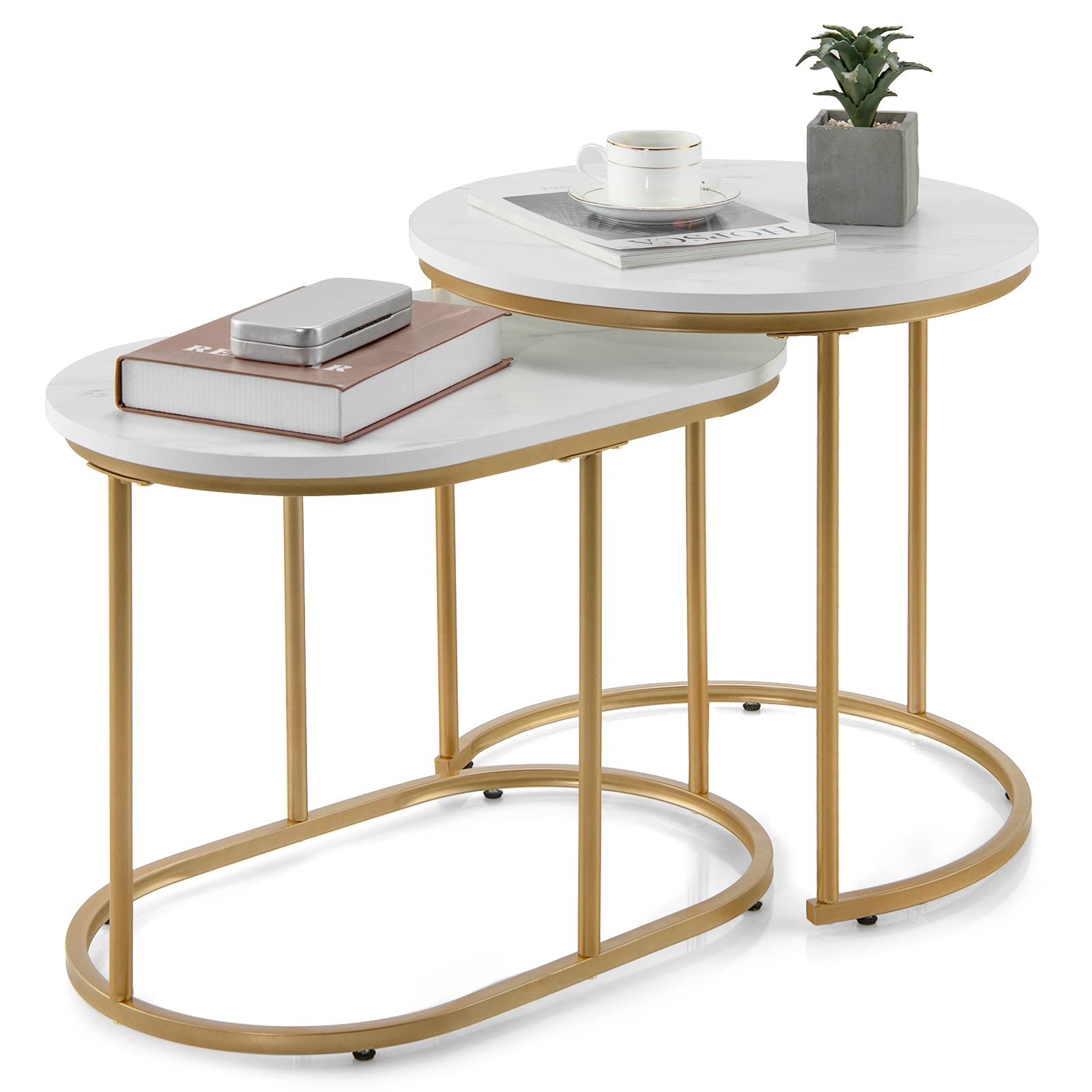Giantex Modern Nesting Coffee Table Set of 2 - Gold Steel Frame & Marble-Look Top, Easy Assembly Accent Tables for Living Room, Bedroom, Apartment - Perfect for Small Spaces & Stylish Home Decor