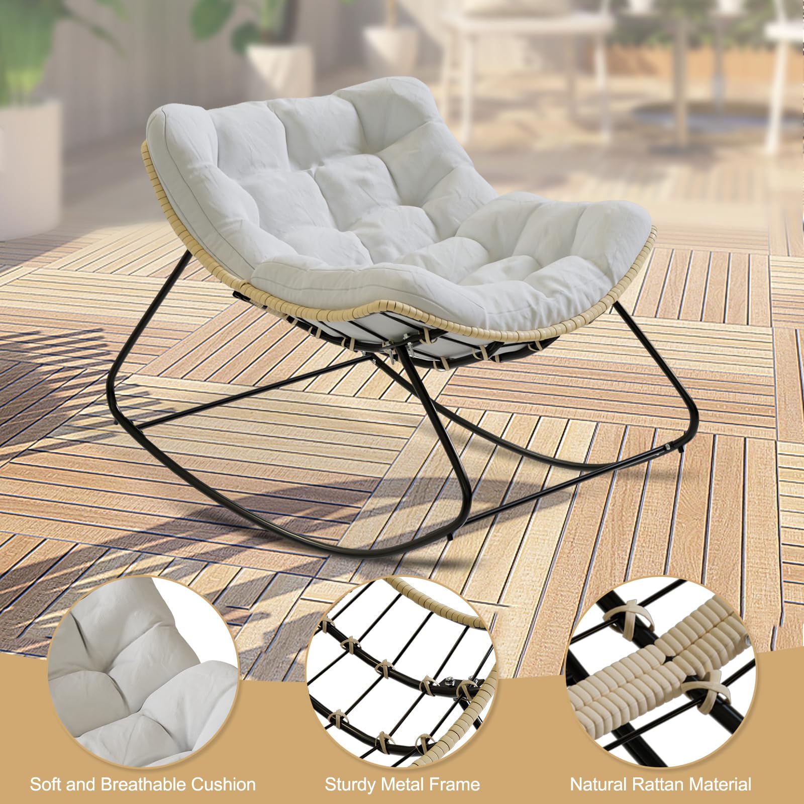 Outdoor Rocking Papasan Chair - Egg Recliner Rocker for Patio, Garden & Porch - White Padded Swing Chair for Relaxing in Bedroom, Living Room or Backyard - Perfect for Reading, Napping & Lounging