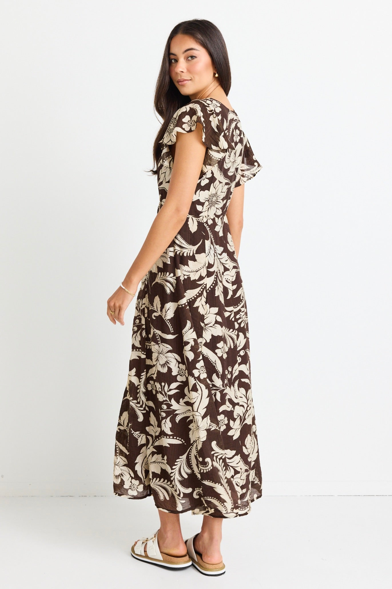 Elegant Floral Print Fluted Sleeve Button Front Midi Dress for Women | Perfect for Weddings, Parties & Date Nights