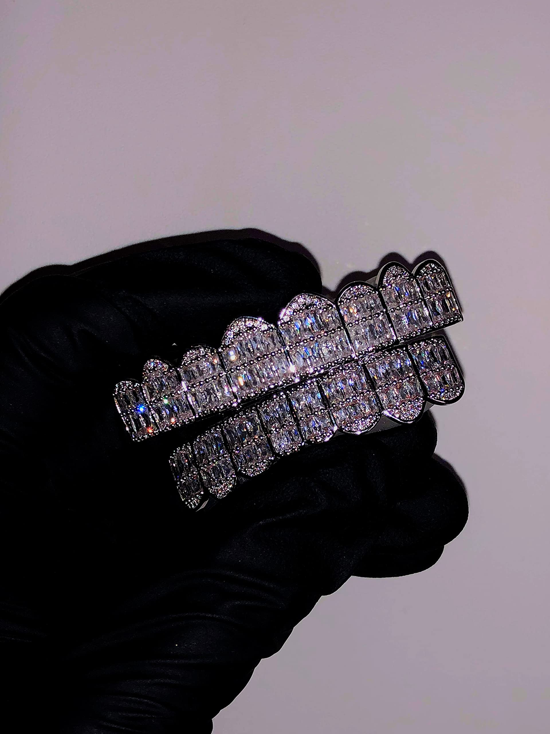 14K White & Gold Iced Out Grillz Set - Top & Bottom Hip Hop Teeth Jewelry for Men & Women | Perfect for Rappers, Performances & Streetwear Fashion