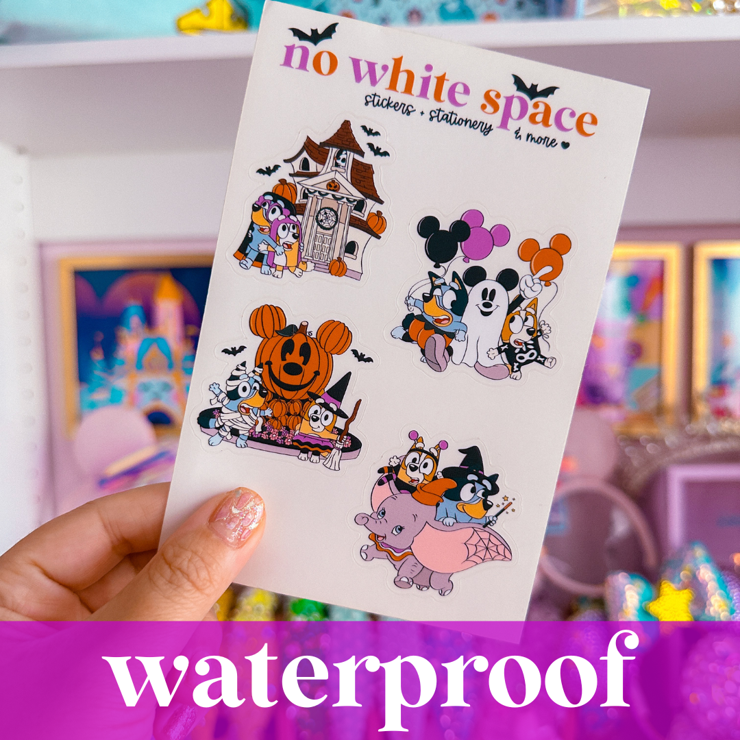 Waterproof Sticker Sheet - Bluey and Bingo Halloween Stickers for Kids - Perfect for Scrapbooking, Laptop Decoration, and Party Favors