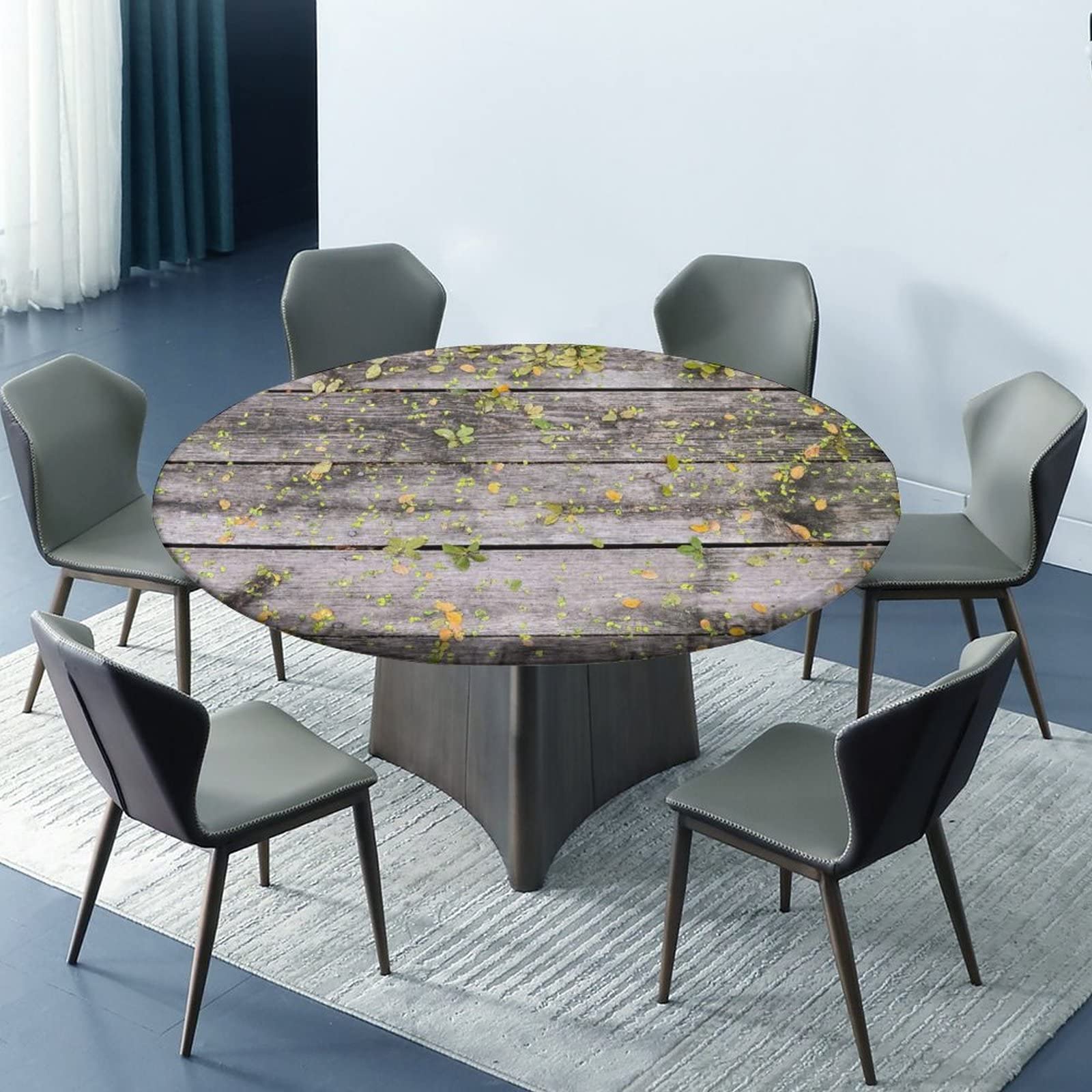 **Round Wooden Tablecloth with Elastic Edge - Decorative Wooden Board Cover for Kitchen, Dining Room & Outdoor Picnics - Fits 40