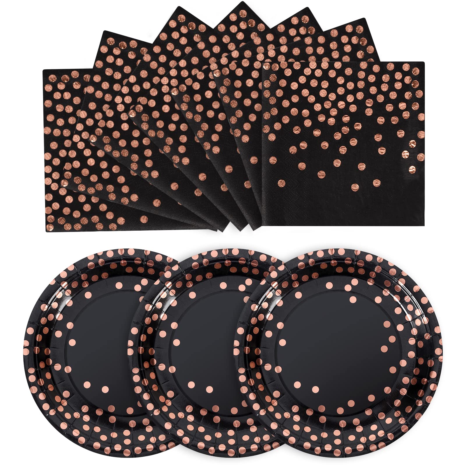 Premium Black & Rose Gold Paper Plates 100 Pack - 50 x 9 Inch Dinner Plates & 50 x 6.5 Inch Napkins - Elegant Disposable Party Tableware for Birthday, Wedding, Baby Shower & Special Events