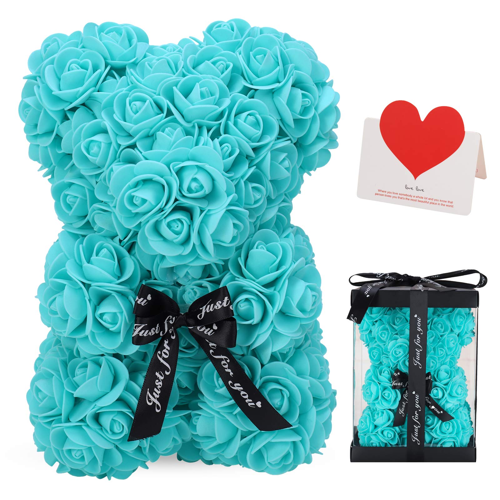 LINKLO 10-inch Rose Teddy Bear - Artificial Rose Flower Bear Gift for Wedding, Mother's Day, Anniversary - Includes Transparent Gift Box (T Blue) - Perfect for Romantic Surprises, Birthday Presents & Home Decor