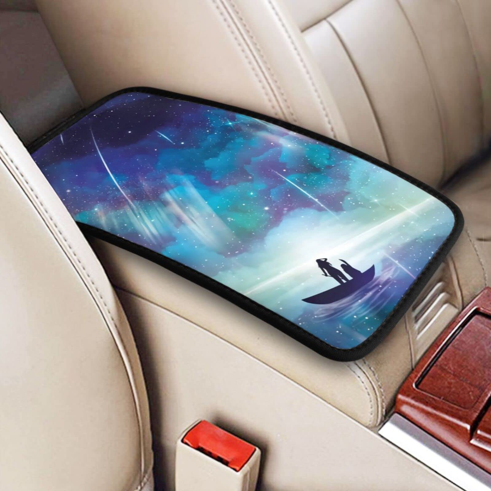 Universal Car Armrest Cover Pad - Dream Aurora Starry Night Design, Soft Waterproof Center Console Protector for Women & Girls | Perfect for Road Trips, Commuting & Car Interior Decoration