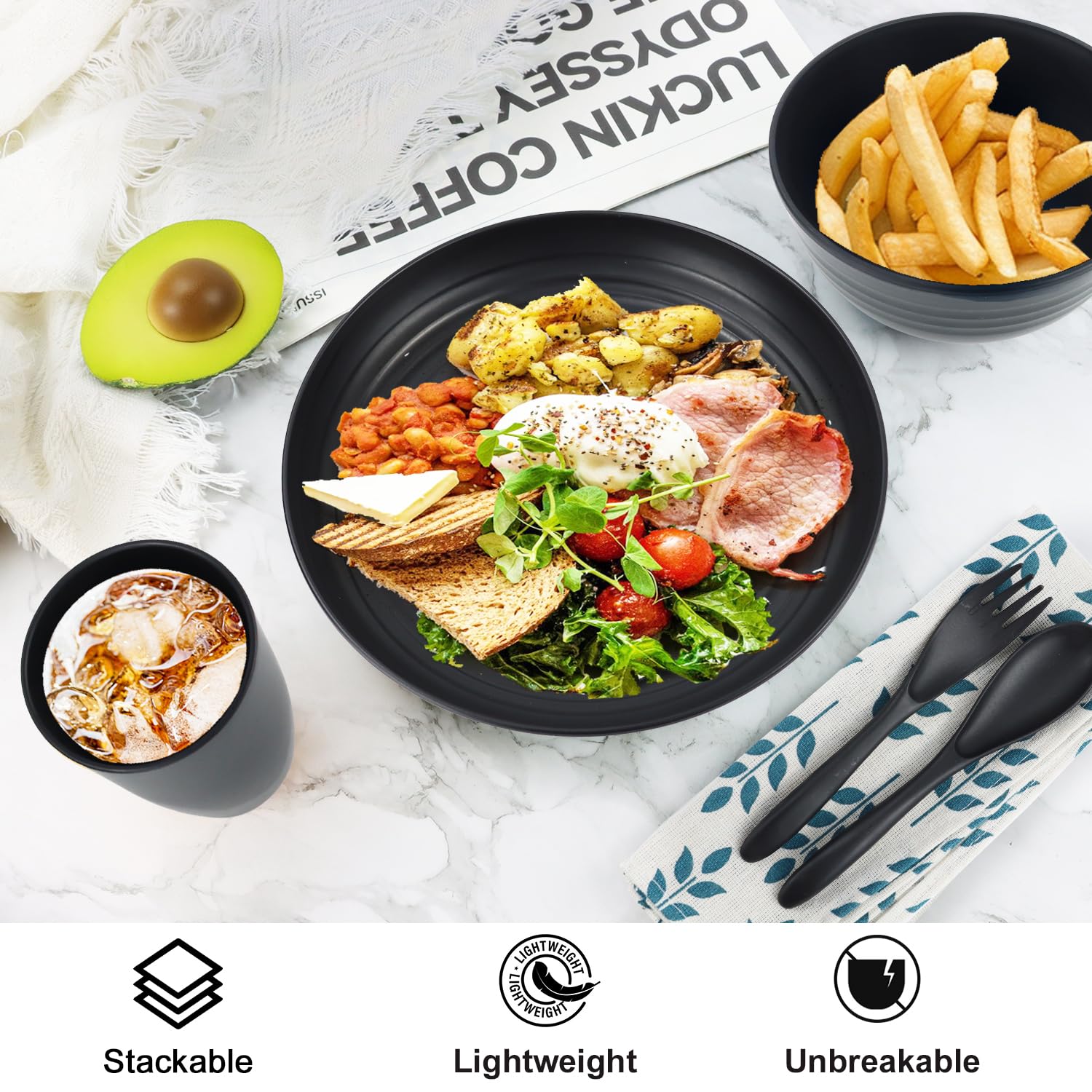 20-Piece Eco-Friendly Wheat Straw Dinnerware Set - Unbreakable Plates & Bowls, Reusable BPA-Free Plastic Alternative - Perfect for Outdoor Camping, Picnics, RV Trips & Microwave-Safe Home Use - 4-Person Set (Black)