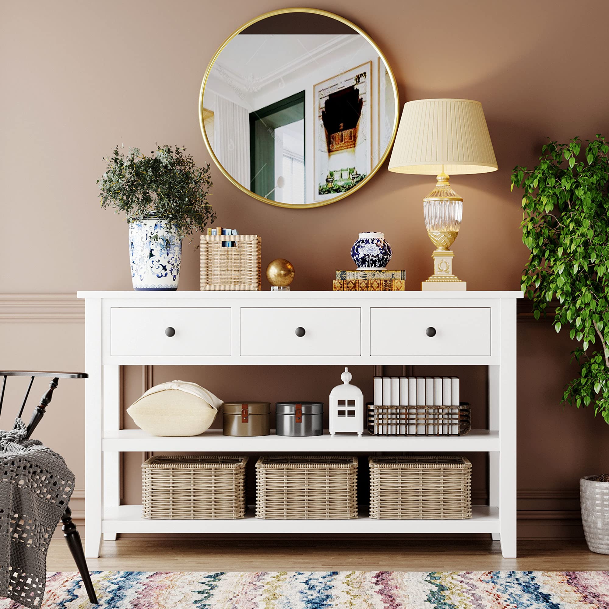 Farmhouse Console Table with 3 Drawers & 2 Open Shelves - Entryway Sofa Table for Hallway & Living Room - Antique White Finish - Perfect for Home Decor, Small Space Storage & Entry Organization