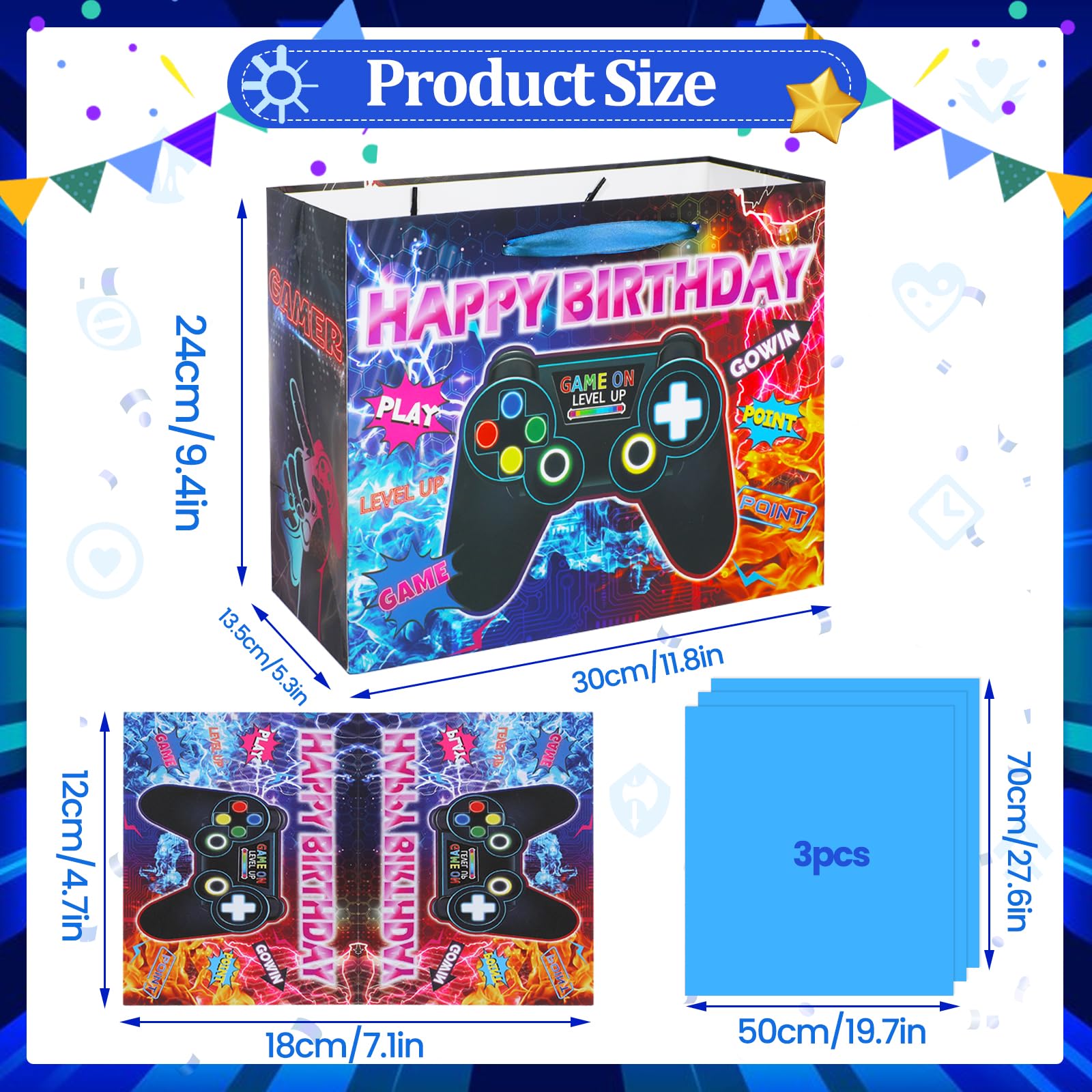 Video Game Themed Birthday Party Decorations - 12 Pack Gaming Favor Bags with Happy Birthday Tissue Paper & Greeting Cards for Boys & Girls | Perfect for Gamer Birthday Parties, Christmas Celebrations & Gaming Events