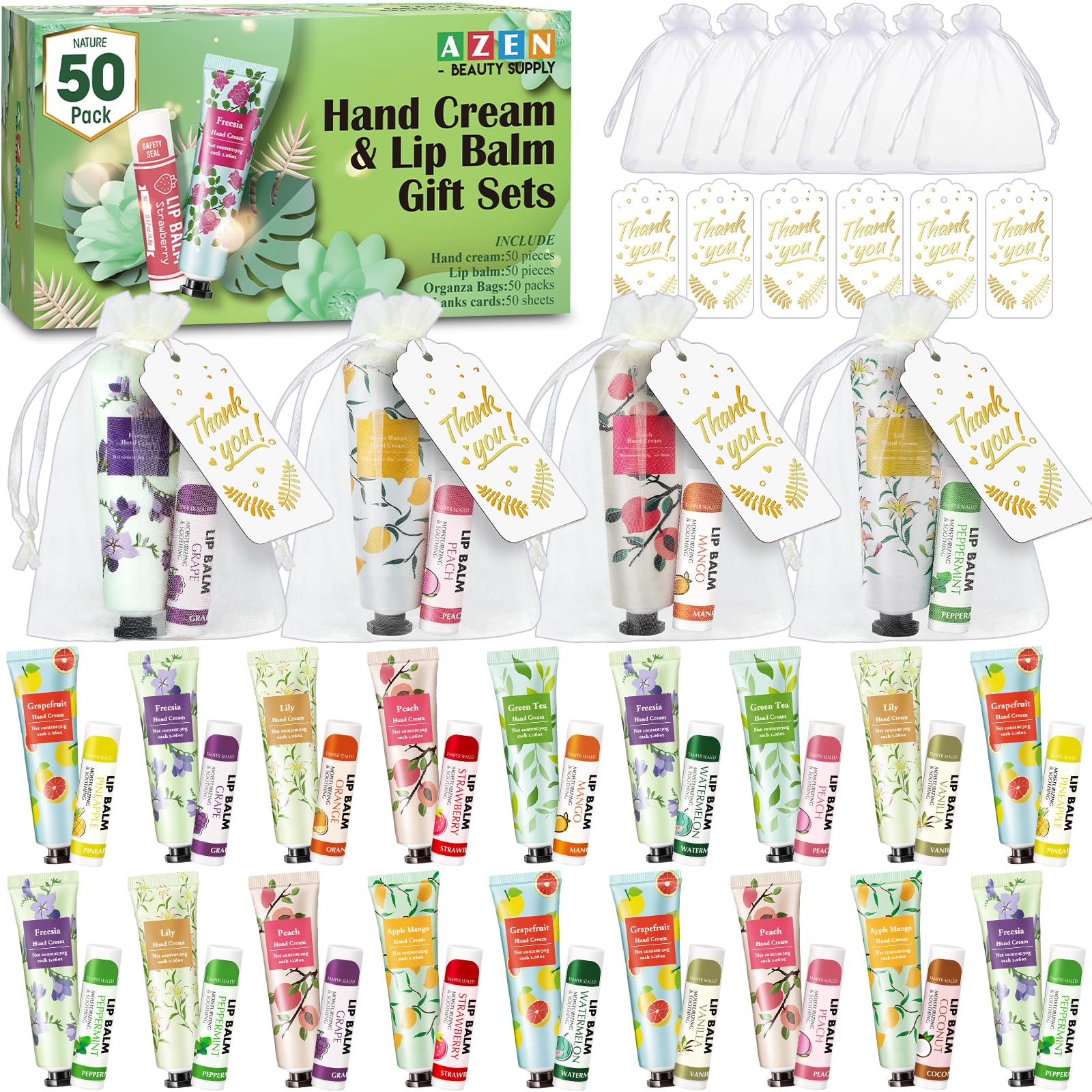 AZEN 50 Sets Hand Cream & Lip Balm Gift Set with Organza Bag & Thank You Card - Perfect for Baby Showers, Weddings, Bridal Souvenirs, Employee Appreciation, Party Favors for Women - Ideal for Guest Gifts, Colleagues & Female Friends