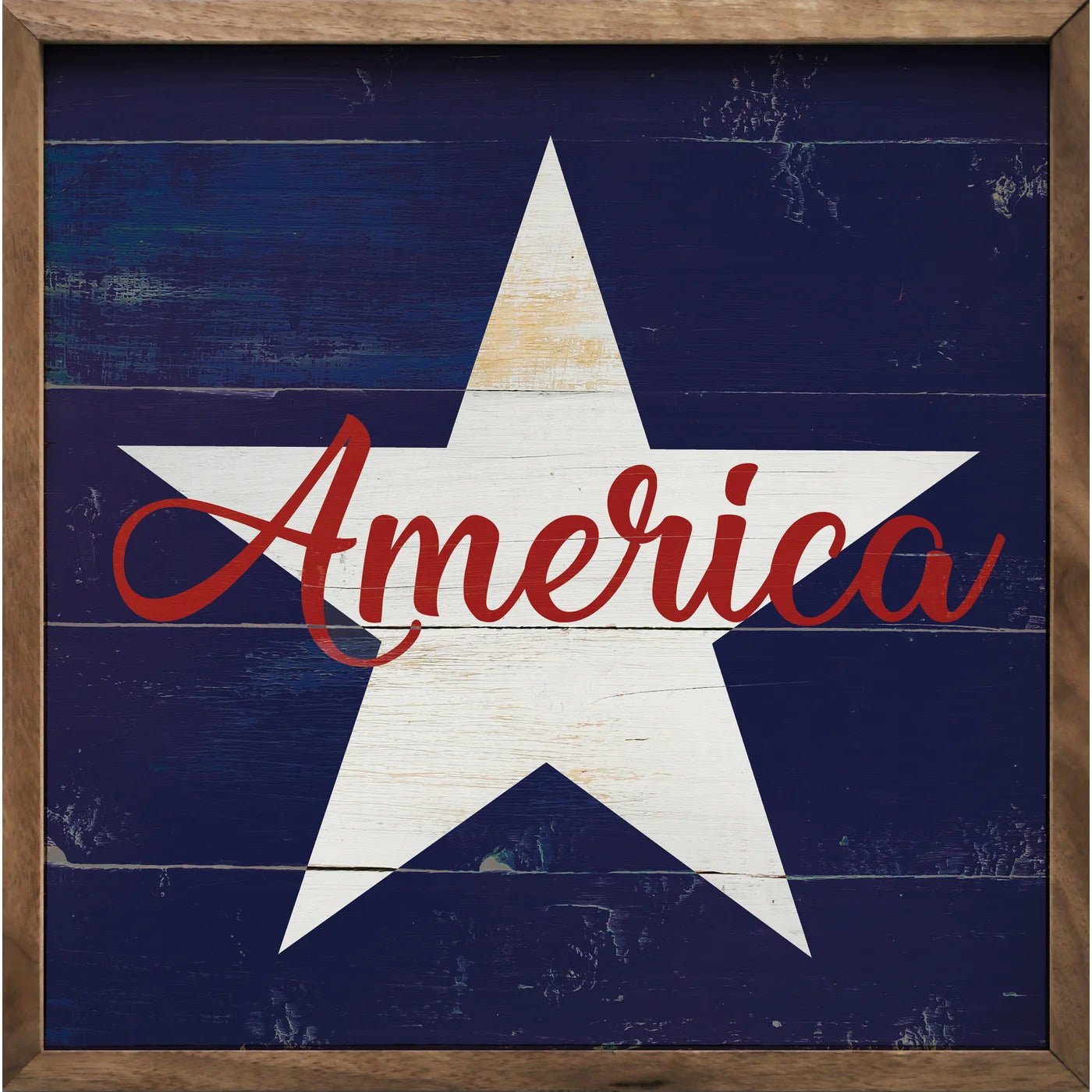 America Star Blue Wood Framed Print - Vintage Patriotic Wall Art Decor for Living Room, Bedroom & Office - Perfect for Home, Gifts & Interior Design
