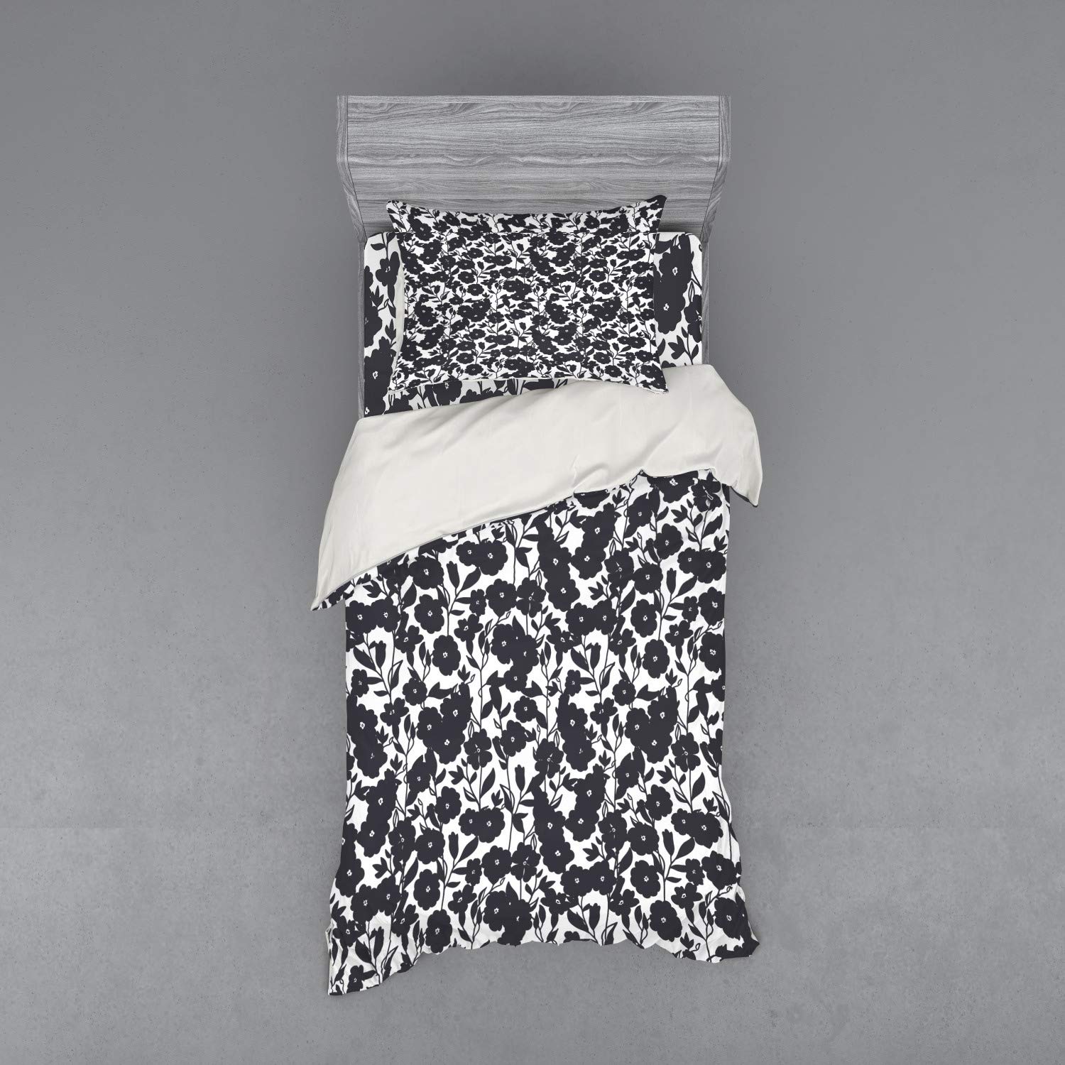Ambesonne Floral Bedding Set - Dark Charcoal Gardening Flowers Leaves & Swirls Modern Art Print Duvet Cover, 3-Piece Set with Sham & Fitted Sheet, Twin XL Size, Navy Blue & White | Perfect for Modern Bedrooms, Guest Rooms & Dorm Decor