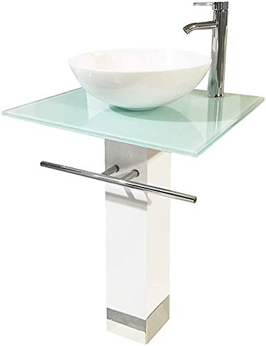 23 Inch White Bathroom Vanity Set with Wooden Pedestal, Tempered Glass Top & Ceramic Vessel Sink - Includes Faucet and Drain (Perfect for Modern Bathrooms & Small Spaces)