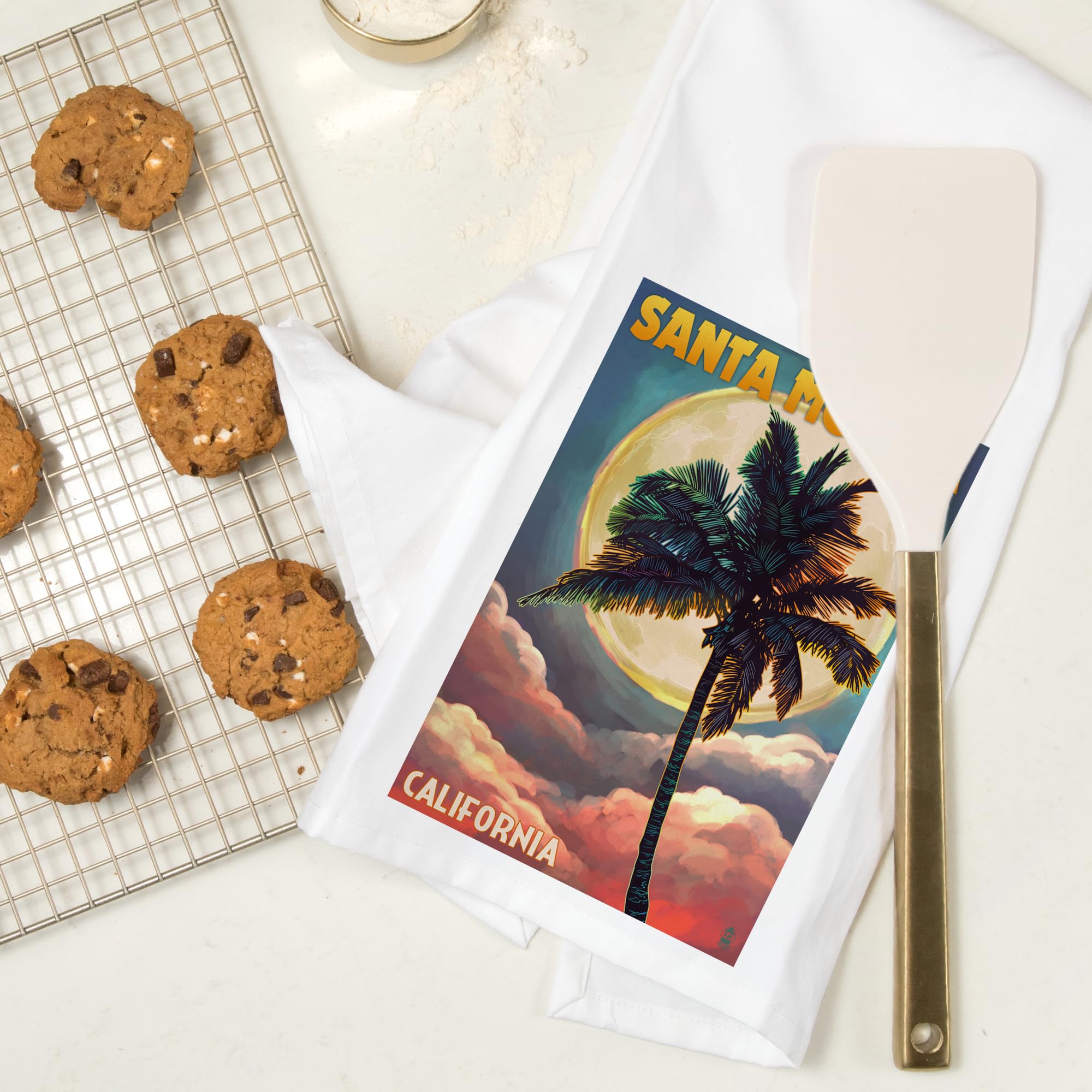 Santa Monica California Palm & Moon 100% Cotton Tea Towel - Decorative Hand Towel for Kitchen, Home Decor, Gift - Perfect for Drying Dishes, Decorating, and Beach House Style