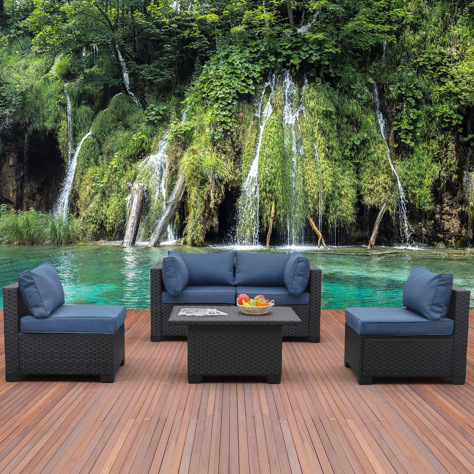 Outdoor PE Wicker 5-Piece Patio Furniture Set - Black Rattan Sectional Sofa with Storage & Lift-Top Coffee Table, Navy Blue Cushions for Garden, Poolside or Backyard Relaxation