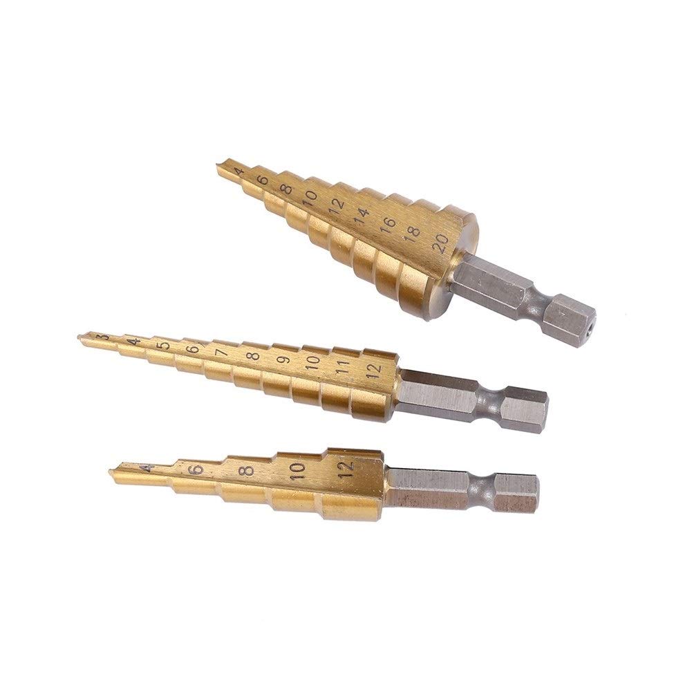 HSS Titanium-Coated Step Drill Bit Set (4-12mm, 4-20mm, 4-32mm) - High Speed Steel Cone Drill for Metal, Wood & Plastic - Hexagon Shank Power Tool for DIY, Carpentry & Metalworking Projects