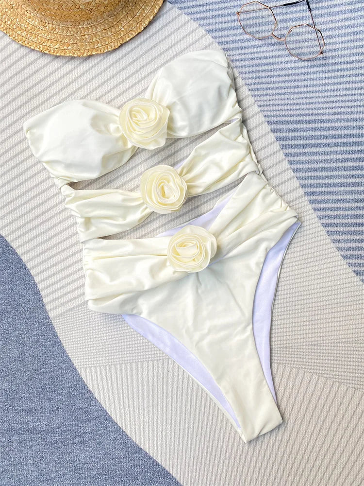 Sexy 3D Flower Bandeau One Piece Swimsuit for Women - High Waist Monokini with Cut Out Design | 2024 Trendy Swimwear for Beach, Pool & Vacation