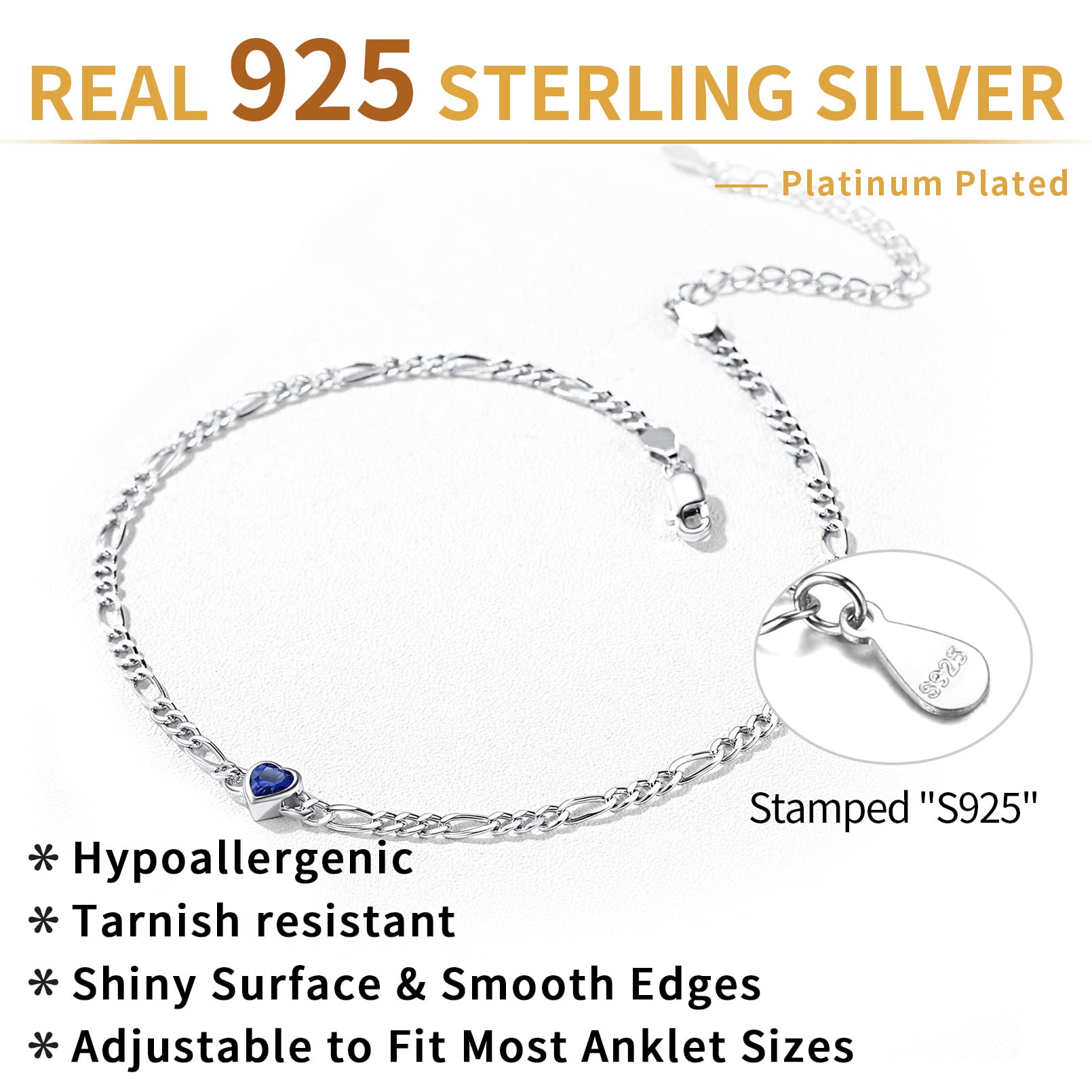 ChicSilver 925 Sterling Silver Heart Birthstone Figaro Chain Anklet for Women - Dainty Summer Beach Ankle Bracelet with Gift Box | Perfect for Casual Wear, Vacation & Everyday Jewelry