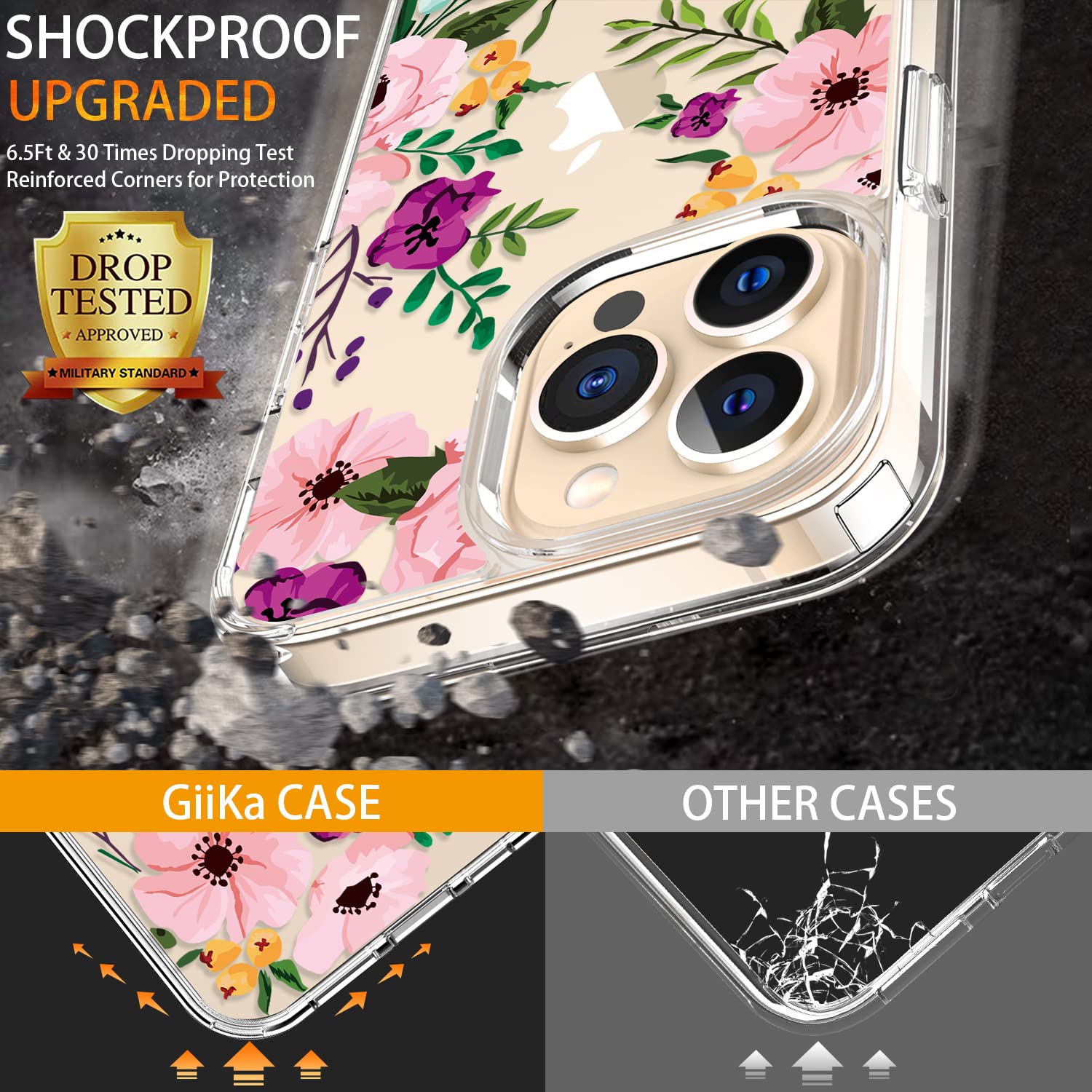 GiiKa iPhone 13 Pro Max Case 6.7 Inch with Screen Protector - Clear Shockproof Floral Design Hard Case with TPU Bumper Cover for Women & Girls - Perfect for Everyday Protection and Style