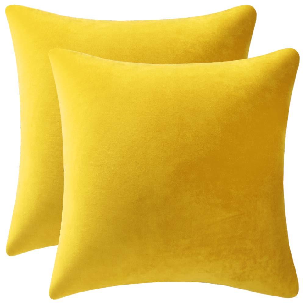 DEZENE 26x26 Inch Velvet Euro Pillow Covers Set of 2 - Soft Square Couch Pillow Shams for Living Room Sofa, Bed & Dorm Decor - Cozy Yellow Throw Pillow Cases for Home Decor & Comfort
