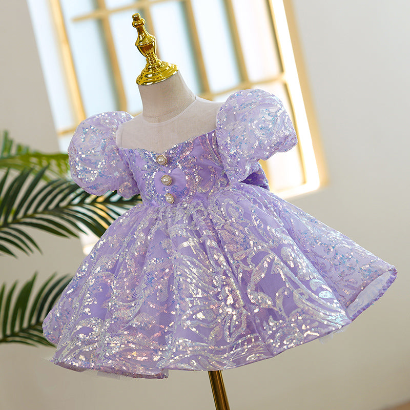 **Purple Sequin Princess Dress for Baby Girls – Elegant Puff Sleeve Toddler Formal Dress for Birthday, Party & Special Occasions**