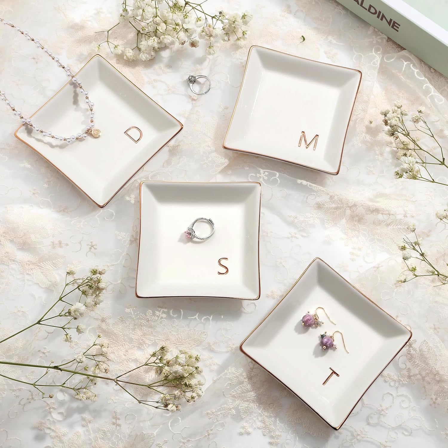Personalized M-Monogrammed Ceramic White Ring Holder Jewelry Tray - Perfect Engagement, Wedding, Bridesmaid Gift for Bride, Mom, Sister & Friends - Ideal for Birthday, Christmas & Special Occasions - Stylish Jewelry Organizer for Vanity, Dresser & Bathroom Decor