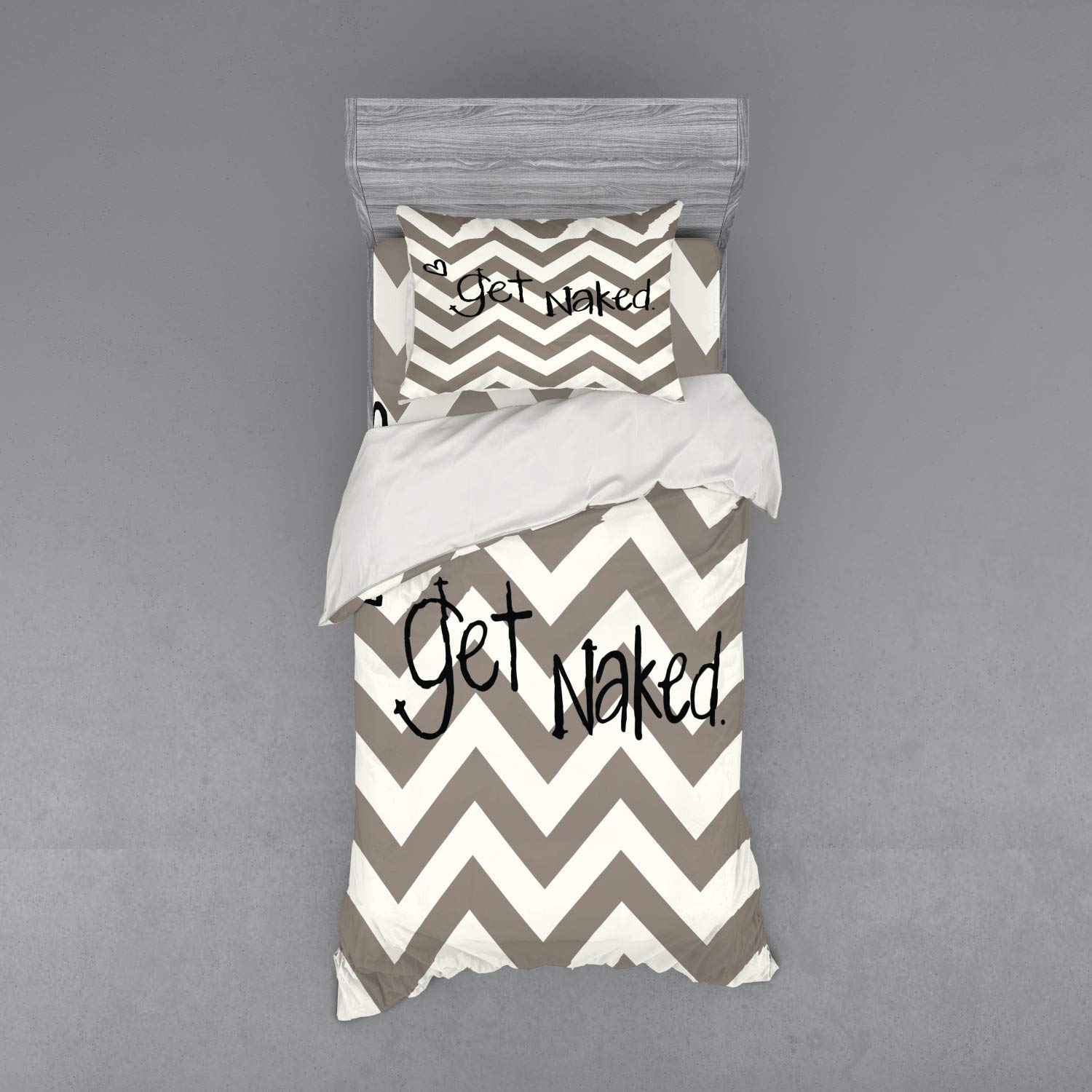 Ambesonne Funny Duvet Cover Set - 'Get Naked' Phrase with Heart Design on Zig Zag Pattern, Hand Drawn 3-Piece Bedding Set Includes Sham & Fitted Sheet, Twin XL Size in Taupe Cream Black - Perfect for Teen Rooms, College Dorms & Unique Bedroom Decor