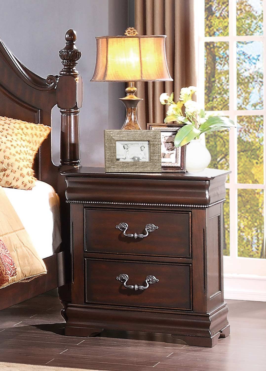 HEFX Martel 2-Drawer Nightstand - Dark Cherry Finish Bedside Table for Bedroom, Living Room & Guest Room Storage