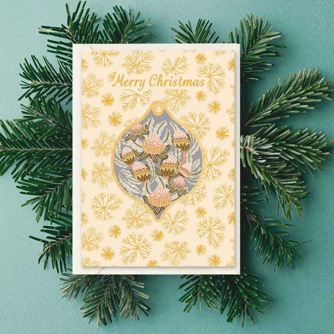 Bush Proteas Australian Christmas Card & Ornament Set - Perfect for Holiday Greetings and Festive Tree Decorations