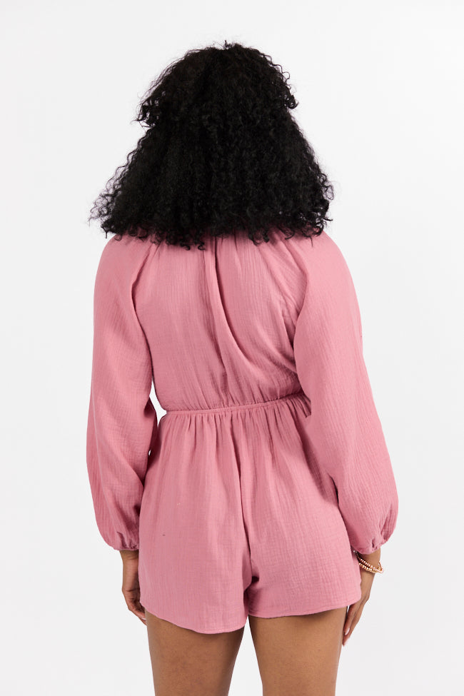 Endless Sunshine Pink Tie Front Long Sleeve Romper - Women's Summer Jumpsuit with Adjustable Waist | Perfect for Beach Vacations, Music Festivals & Date Nights