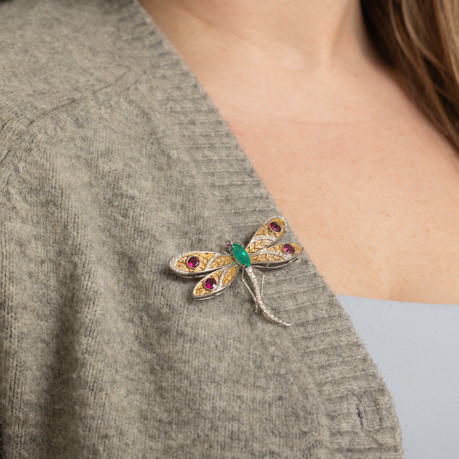 18K Gold Multi-Gemstone Dragonfly Brooch - 1.25ct Emerald, 1.60ctw Topaz, 0.04ctw Ruby & 0.50ctw Diamond | Elegant Jewelry Gift for Women | Perfect for Weddings, Anniversaries & Special Occasions