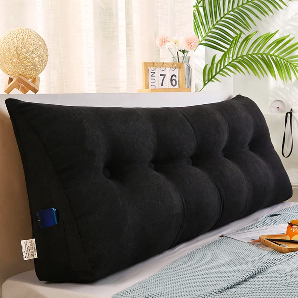 Large Black Solid Color Triangle Headboard Pillow with Removable Cover - 79in/200cm Wedge Cushion for Reading & Back Support | Perfect for Daybeds, Beds, and Sofa Lounging