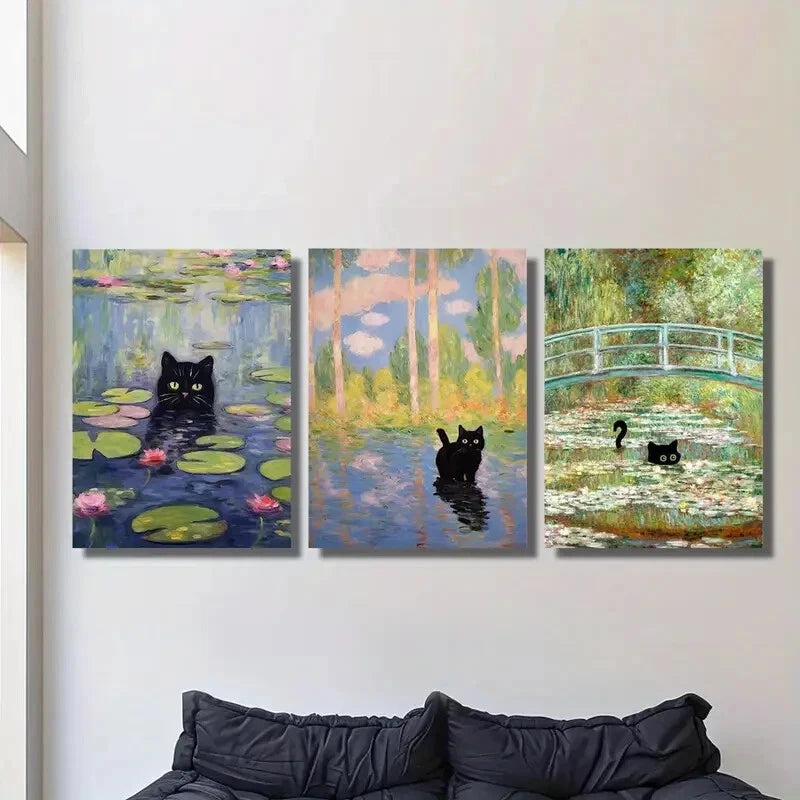 3-Piece Black Cat Inspired by Monet Wall Art Set - Framed Canvas 40x60cm (16x24in) - High Quality Print - 100% Australian Made - Ready to Hang - Perfect for Living Room, Bedroom & Office Decor