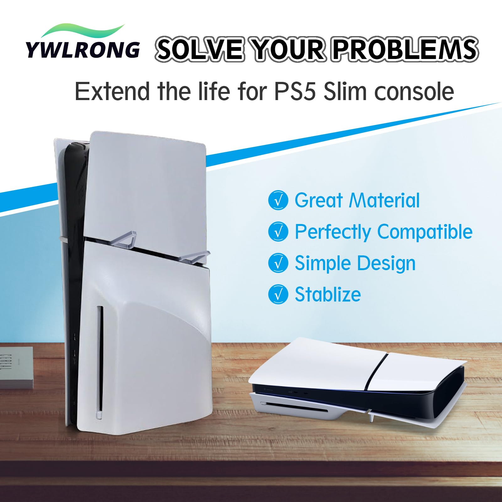 YWLRONG Slim PS5 Console Stand - Flat Base, Horizontal Stand Compatible with Sony PlayStation 5 Slim Disc Edition Accessories (Black + Gray) - 4 Pack - Perfect for Gaming Setup & Space-Saving Storage