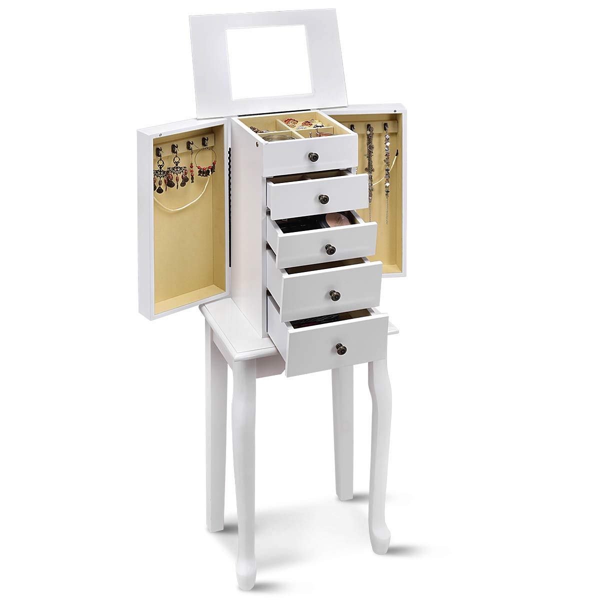 GOFLAME Wooden Jewelry Cabinet Armoire with Full-Length Mirror - 5 Drawers & 2 Doors Jewelry Storage Organizer, Large Standing Jewelry Box for Necklaces, Rings & Accessories - Perfect for Bedroom, Closet or Dressing Room (White)