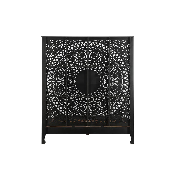 Hand Carved Solid Wood Low Profile Standard Bed Frame - Black | Modern Minimalist Bedroom Furniture for Small Spaces & Cozy Home Decor