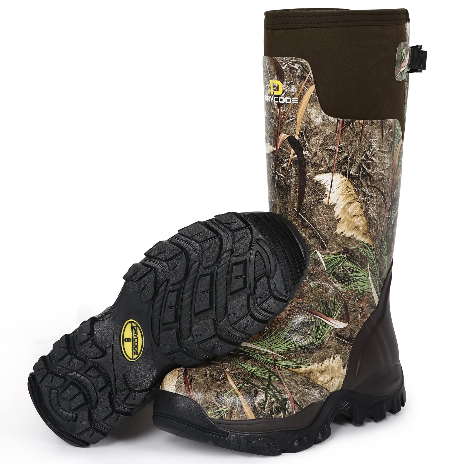 DRYCODE Men's Waterproof Hunting Boots - Camo Rubber Boots with 5mm Neoprene Insulation & Steel Shank - Anti-Slip Muck Boots for Outdoor Activities, Hunting, Fishing, and Muddy Terrain - Perfect for Wet Weather and Rugged Adventures