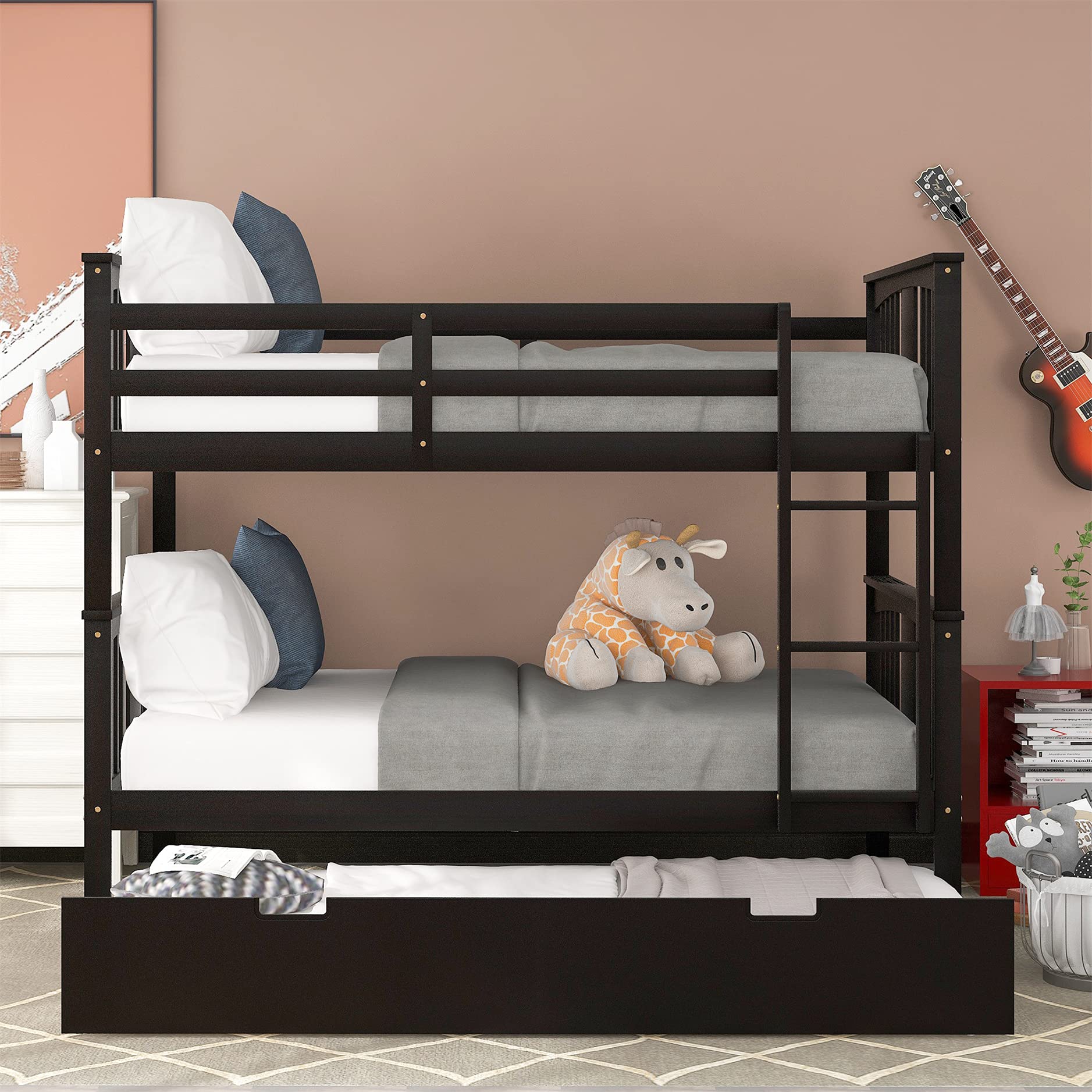 MERITLINE Full Over Full Bunk Bed with Twin Trundle & Ladder - Space Saving Wooden Bunk Bed for Kids & Teens - Gray Bedroom Furniture for Small Rooms, Guest Rooms & Vacation Homes