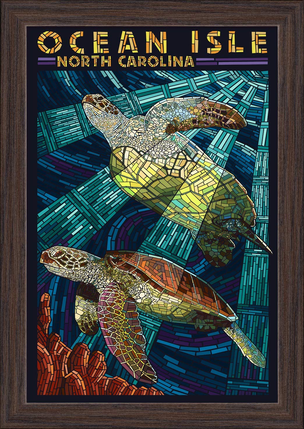 Ocean Isle Calabash North Carolina Sea Turtle Paper Mosaic - 12x18 Inch Giclee Fine Art Print with Recycled Wood Frame in Espresso Brown - Coastal Home Decor, Beach House Wall Art, Nature Inspired Gift