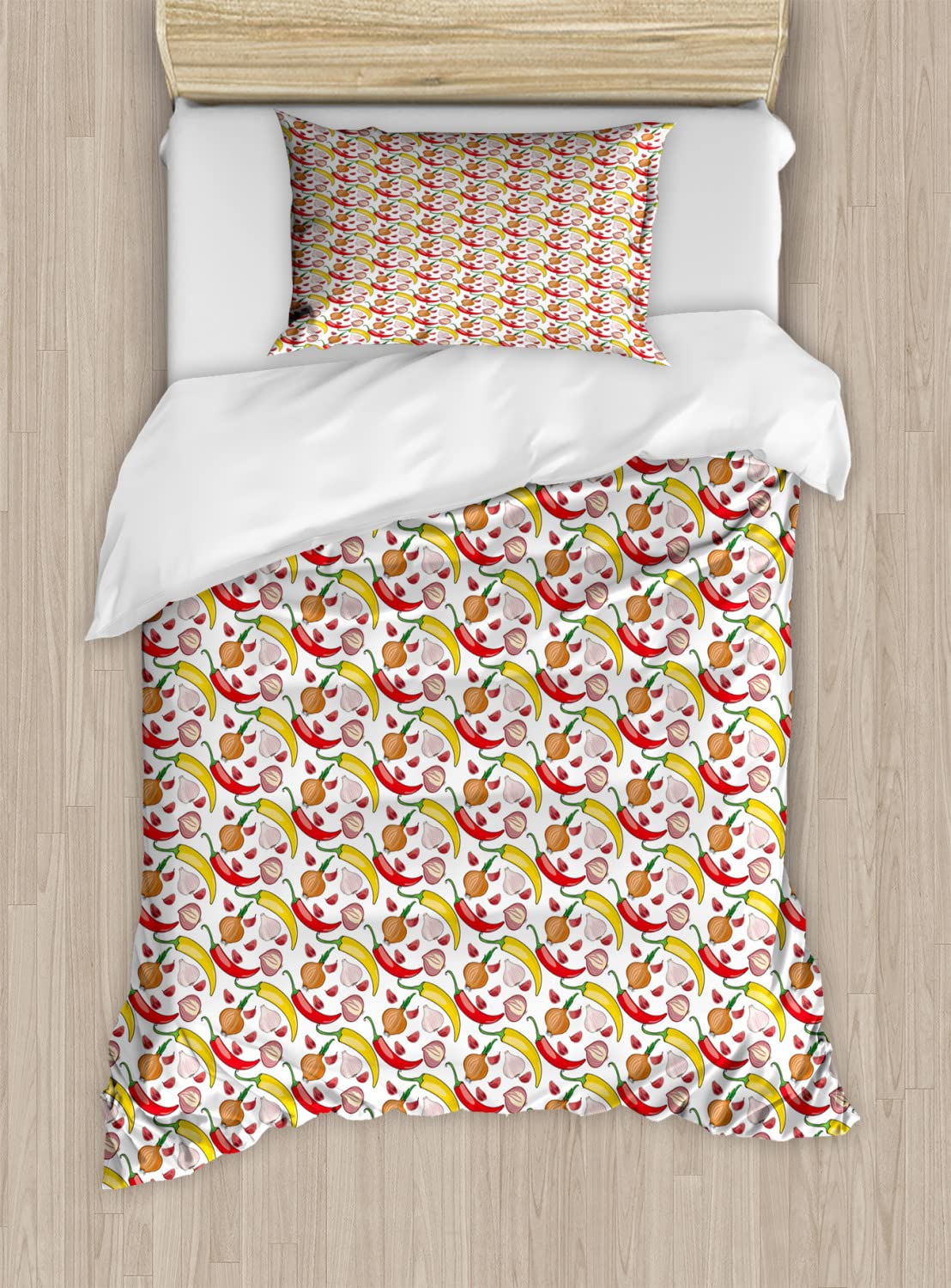 Ambesonne Vegan Food Duvet Cover Set - Colorful Hot Peppers Onions Garlic Kitchen Pattern, Queen Size 2-Pack with 2 Duvet Covers & 4 Pillowcases | Perfect for Modern Farmhouse, Bohemian & Eclectic Bedroom Decor | Soft Microfiber Bedding for Comfortable Sleep
