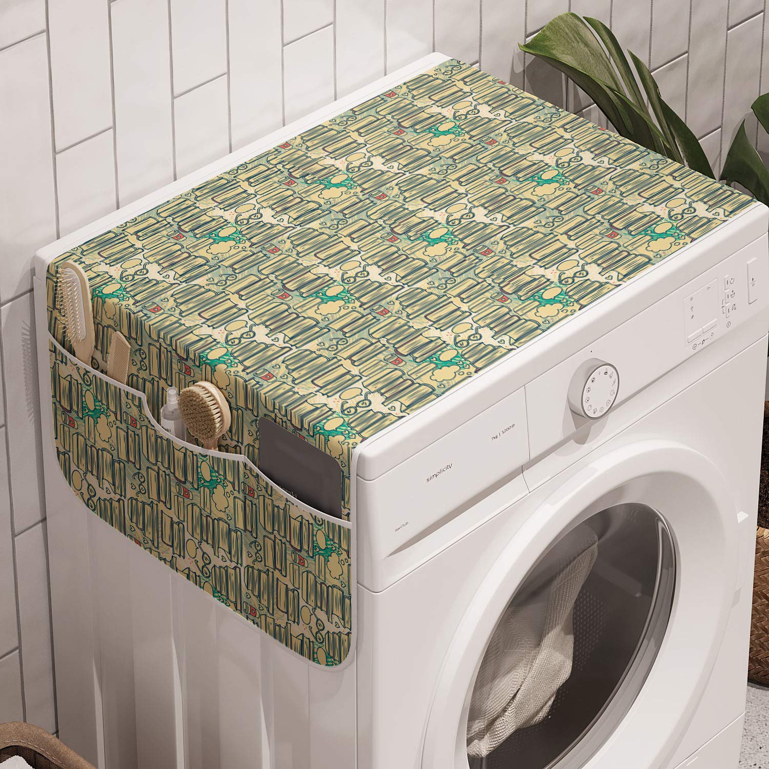 Ambesonne Book Lover Washing Machine Cover - Anti-Slip Fabric Washer Dryer Organizer with Books, Glasses & Coffee Design, 47