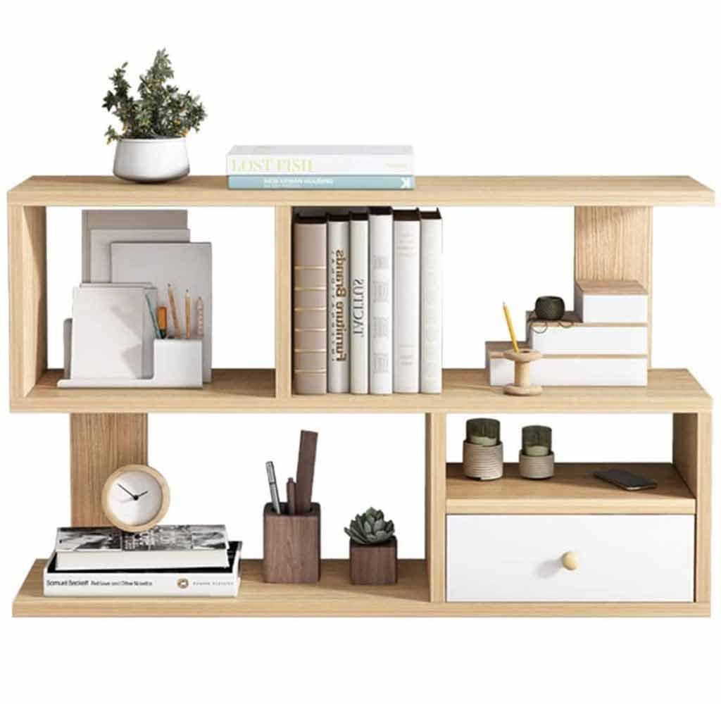 Wooden Desktop Bookshelf with Drawer - 80cm Office Desk Organizer, Storage Rack & Free Style Display Shelf for Books, Files, and Decor | Perfect for Home Office, Study Room, and Workspace Organization
