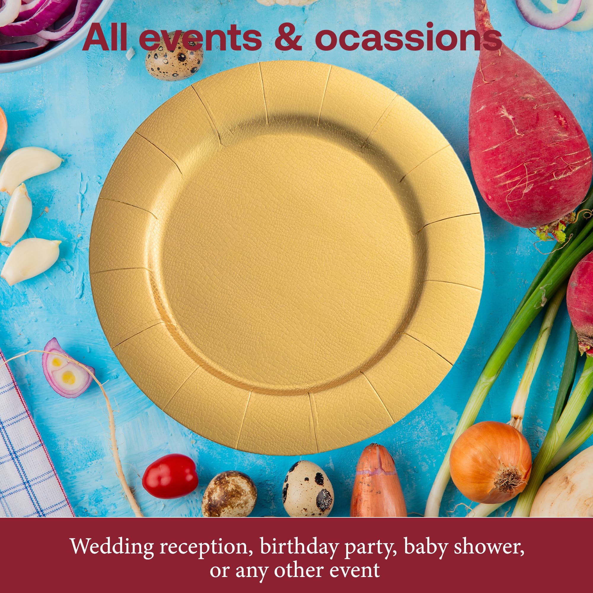 Smarty Had A Party 13 Inch Gold Disposable Charger Plates - 120 Pcs Heavy Duty Paper Dinner Plates for Weddings, Parties & Special Events - Elegant Tableware for Buffets, Catering & Formal Dining